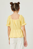 GDY5864 YELLOW Girls Smocked Textured Knit Cinch Sleeve Babydoll Top Back