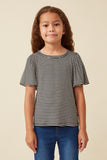 GDY5871 BLACK Girls Striped Puff Sleeve Knit T Shirt Front