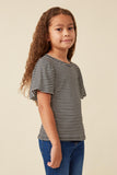 GDY5871 BLACK Girls Striped Puff Sleeve Knit T Shirt Side