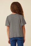 GDY5871 BLACK Girls Striped Puff Sleeve Knit T Shirt Back