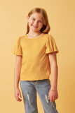 GDY5871 MUSTARD Girls Striped Puff Sleeve Knit T Shirt Front