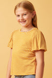 GDY5871 MUSTARD Girls Striped Puff Sleeve Knit T Shirt Side