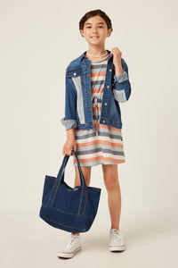 GDY5876 Mint Mix Girls Stripe Terry Tie Waist Mini Dress Front 2