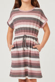 GDY5876 Pink Mix Girls Stripe Terry Tie Waist Mini Dress Front
