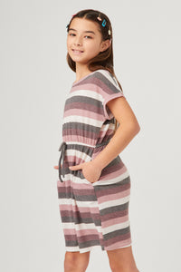 GDY5876 Pink Mix Girls Stripe Terry Tie Waist Mini Dress Side