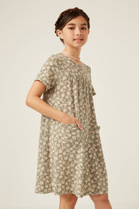 GDY5978 SAGE Girls Floral Print French Terry Slouchy Pocket Dress Side