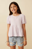 GDY7108 Lavender Girls Textured Puff Sleeve Asymmetric Panel Knit Top Front