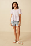 GDY7108 Lavender Girls Textured Puff Sleeve Asymmetric Panel Knit Top Full Body