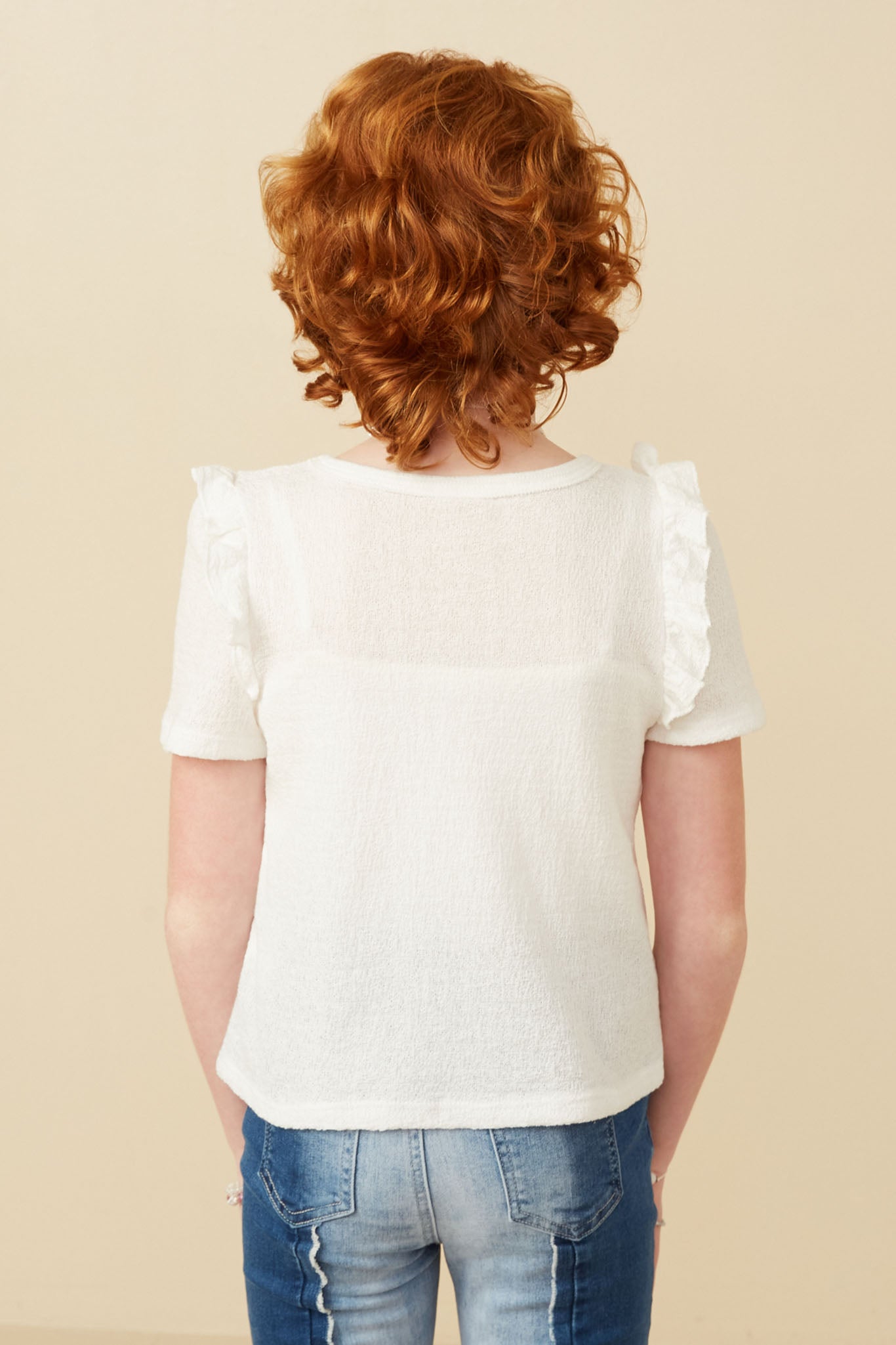 Girls Textured Ruffle Shoulder Knit Top Back