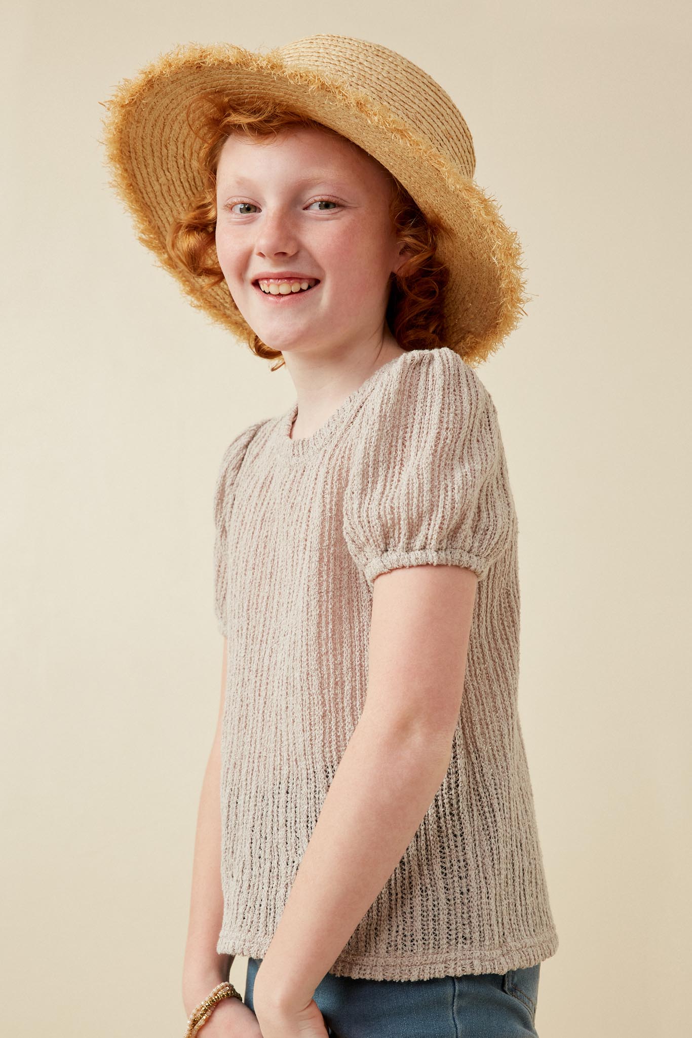 Girls Ribbed Knit Textured Puff Sleeve Top Side