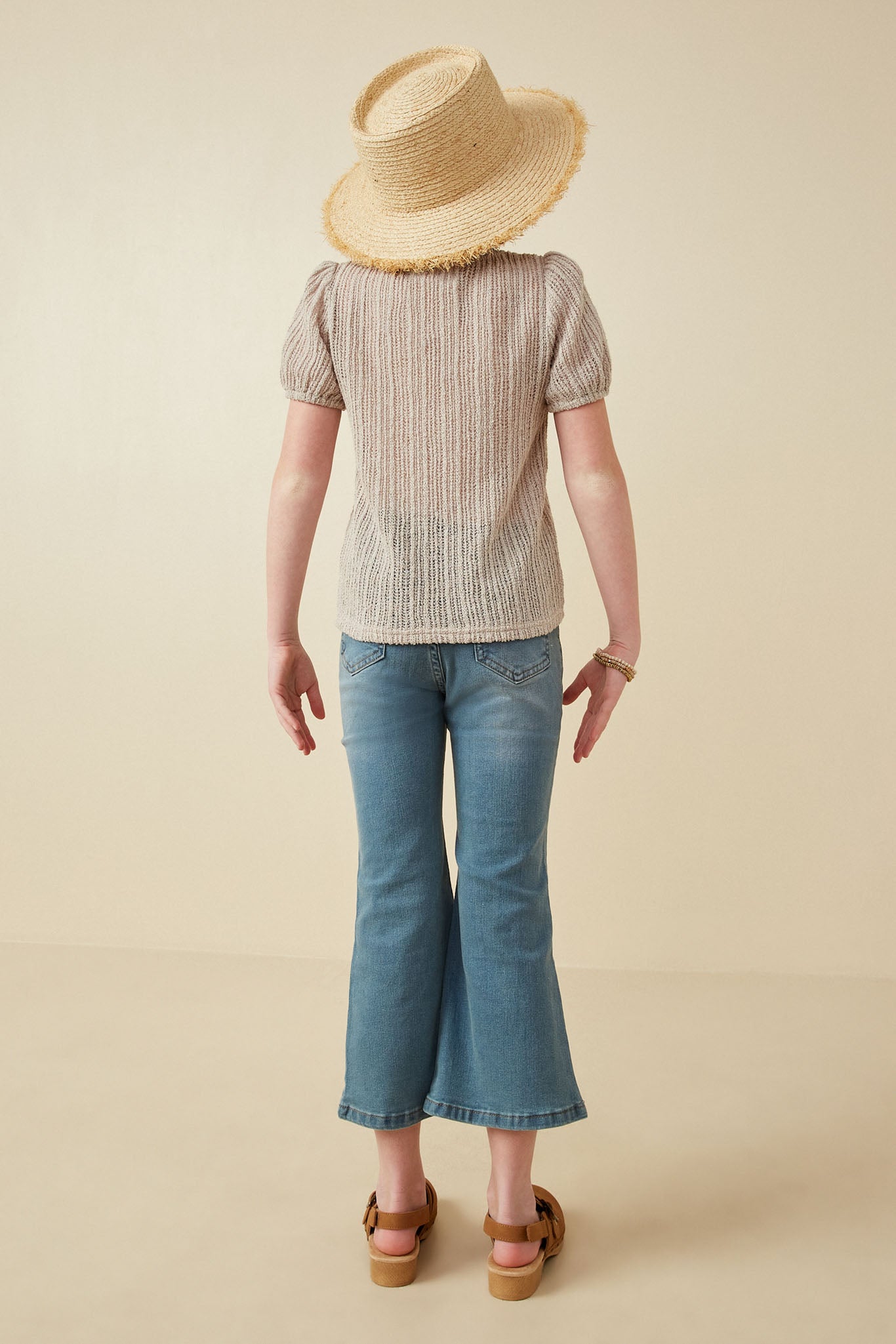 Girls Ribbed Knit Textured Puff Sleeve Top Back