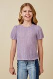 Girls Ribbed Knit Textured Puff Sleeve Top Front