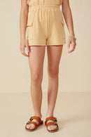 GDY8408 Mustard Girls Elastic Waist Cargo Pocket French Terry Knit Shorts Front
