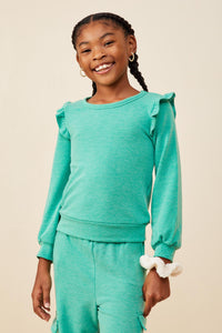 GDY8779 Green Girls Ruffled Long Sleeve French Terry Knit Top Front