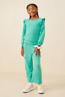 GDY8779 Green Girls Ruffled Long Sleeve French Terry Knit Top Pose