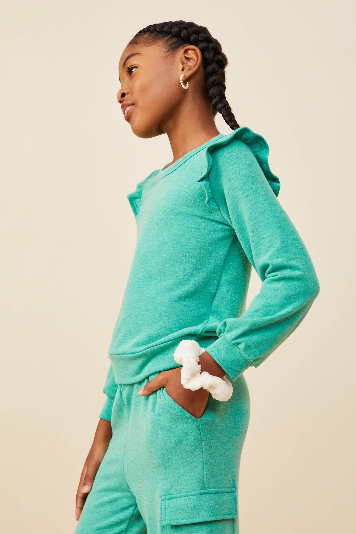 GDY8779 Green Girls Ruffled Long Sleeve French Terry Knit Top Side