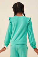 GDY8779 Green Girls Ruffled Long Sleeve French Terry Knit Top Back