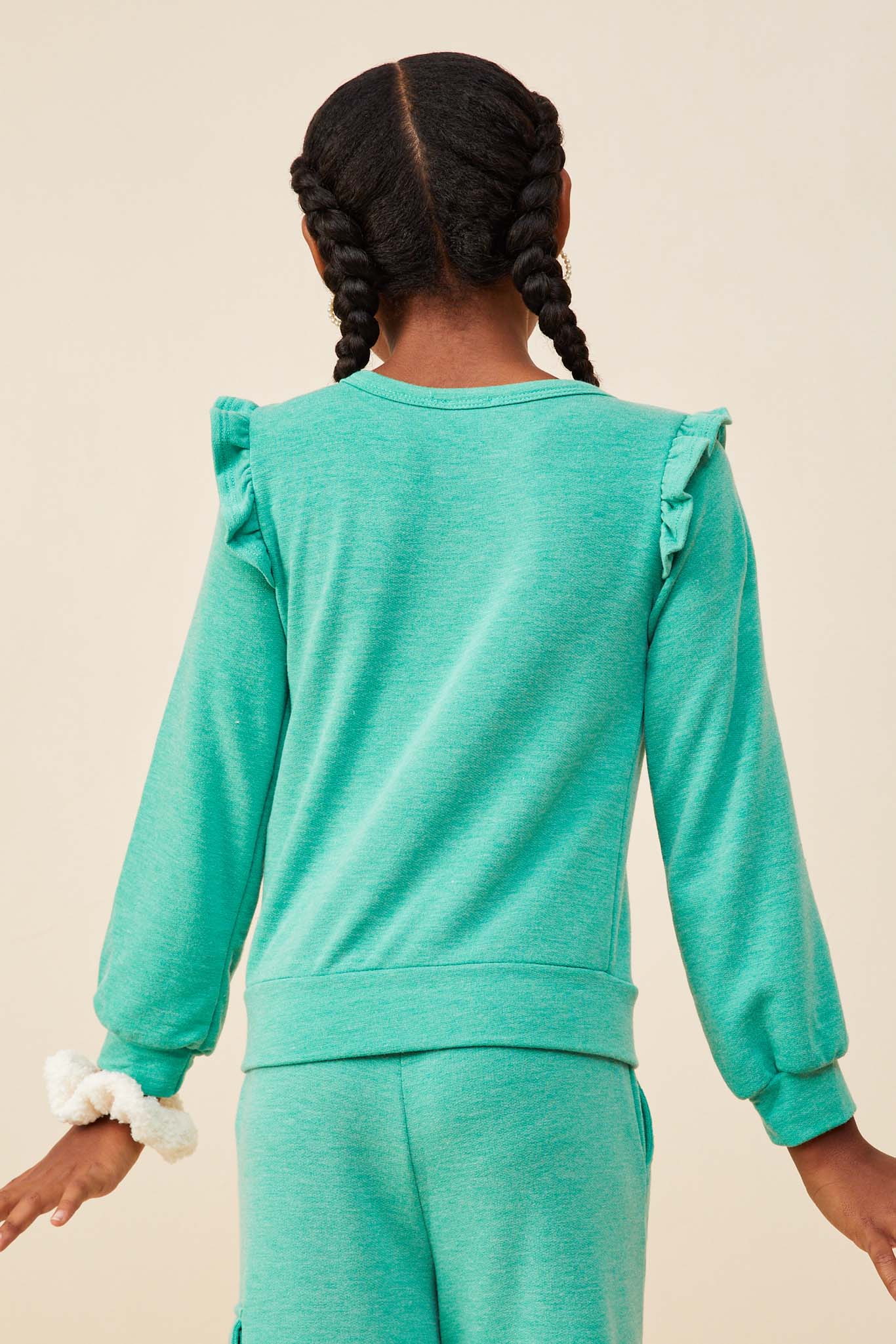 GDY8779 Green Girls Ruffled Long Sleeve French Terry Knit Top Back