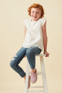 GE1010 OFF WHITE Girls Ditsy Printed Crochet Eyelet Ruffle Top Pose