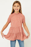 GJ1000-PINK Floral Smock Neck Tunic Top Front