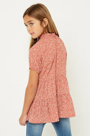 GJ1000-PINK Floral Smock Neck Tunic Top Back