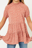 GJ1000-PINK Floral Smock Neck Tunic Top Front Detail