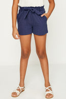 GJ1050 NAVY Girls Embroidered Paperbag Shorts Front