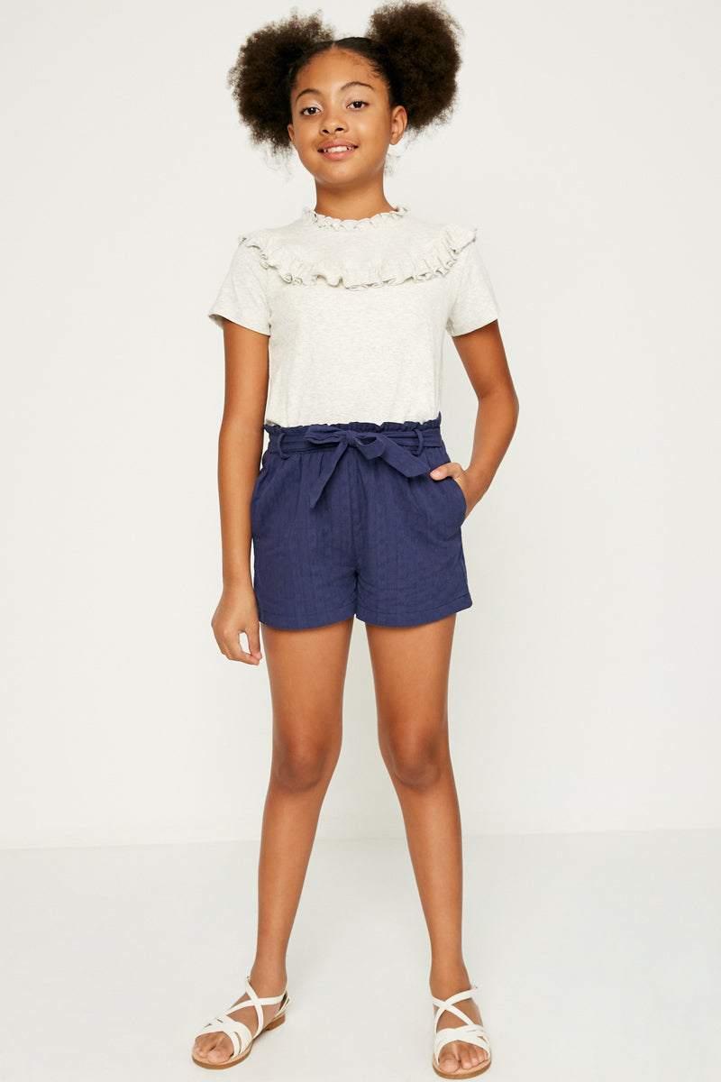 GJ1050 NAVY Girls Embroidered Paperbag Shorts Full Body