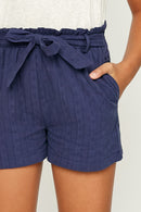GJ1050 NAVY Girls Embroidered Paperbag Shorts Detail