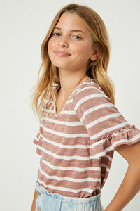 GJ1072 MAUVE Girls Stripe V-Neck Ruffle Tee Side