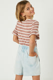 GJ1072 MAUVE Girls Stripe V-Neck Ruffle Tee Back