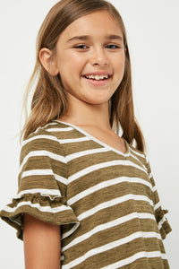 GJ1072 OLIVE Girls Stripe V-Neck Ruffle Tee Side