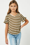 GJ1072 OLIVE Girls Stripe V-Neck Ruffle Tee Front