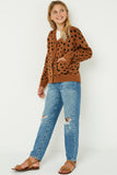 GJ1186 Camel Girls Animal Print Buttoned Sweater Cardigan Pose