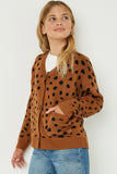 GJ1186 Camel Girls Animal Print Buttoned Sweater Cardigan Front
