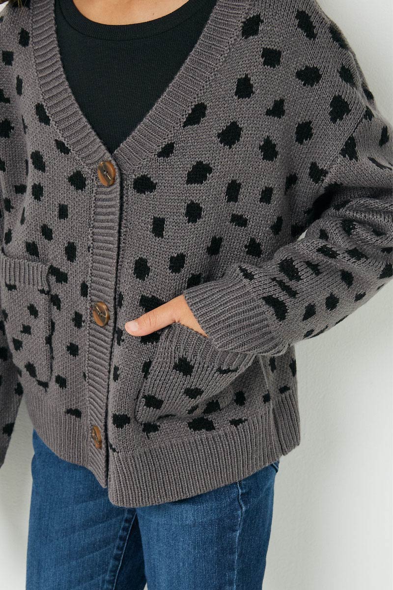 GJ1186 Grey Girls Animal Print Buttoned Sweater Cardigan Detail