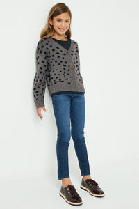 GJ1186 Grey Girls Animal Print Buttoned Sweater Cardigan Full Body