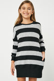 GJ3015 Black Grey Girls Stripe Soft Knit Mini Dress Front