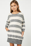 GJ3015 Taupe Grey Girls Stripe Soft Knit Mini Dress Front