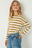 GJ3036 Mustard Girls Drop Shoulder Stripe Knit Top Pose