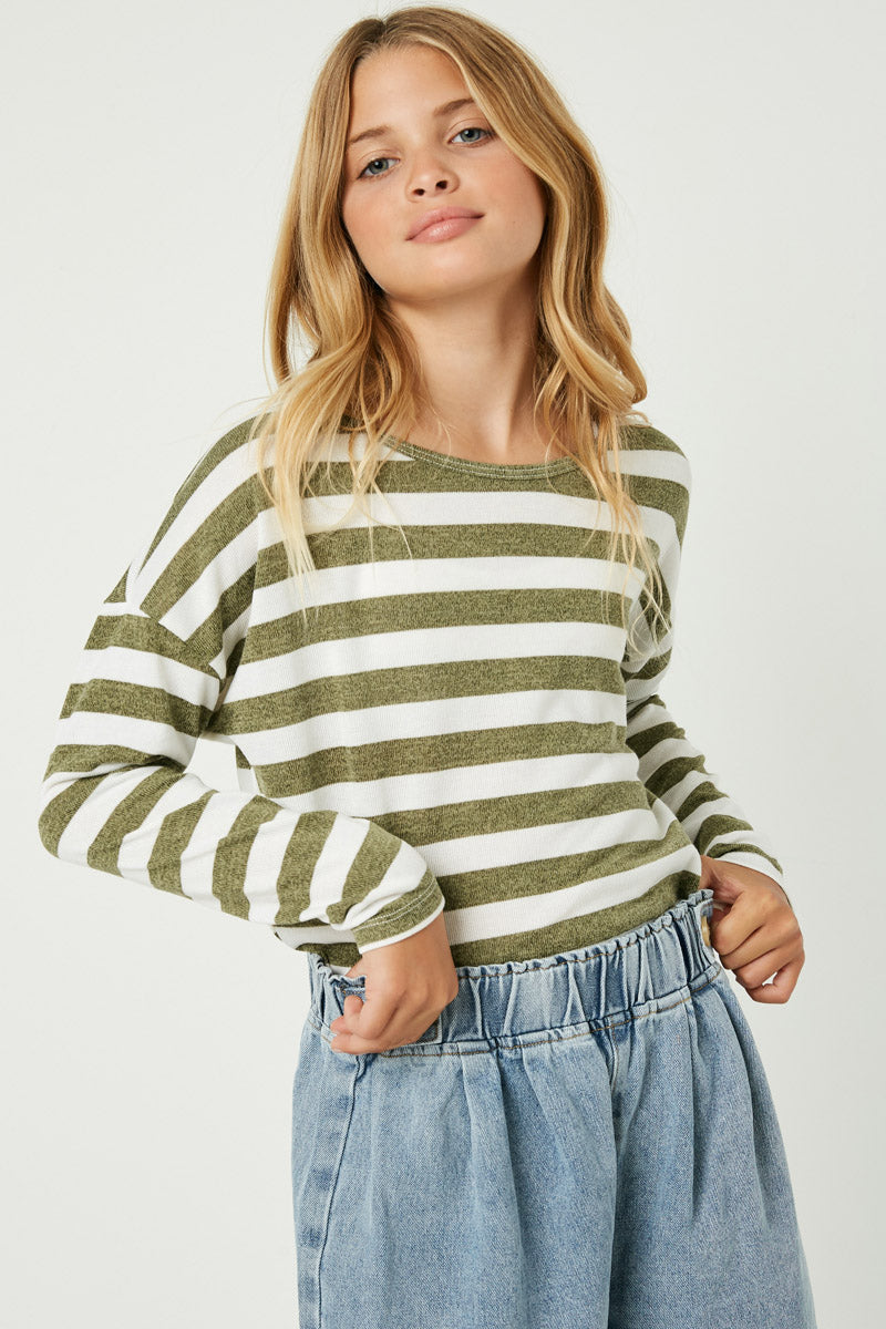 GJ3036 Olive Girls Drop Shoulder Stripe Knit Top Back
