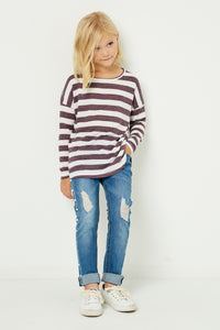 GJ3036 Olive Girls Drop Shoulder Stripe Knit Top Full Body