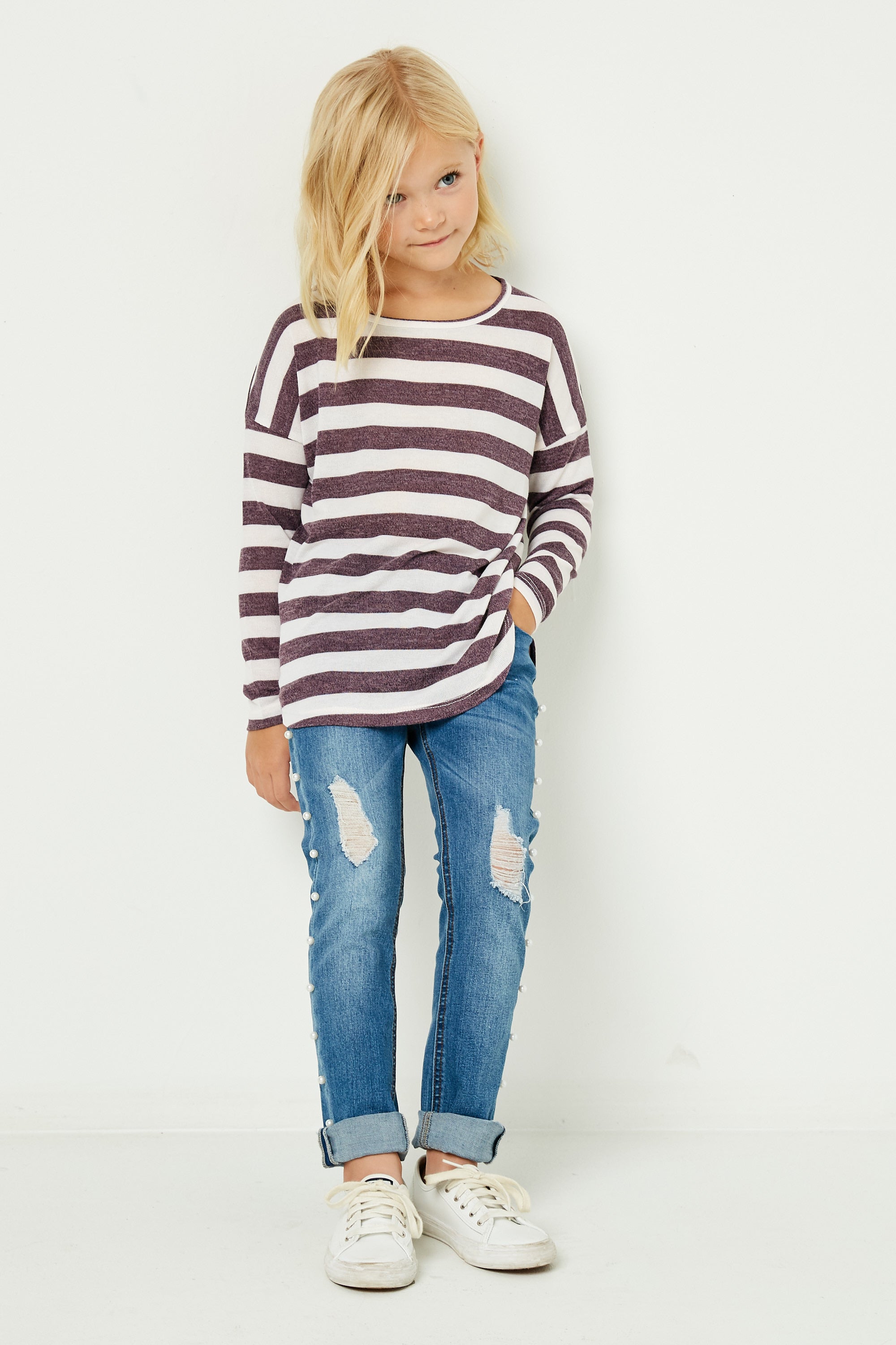 GJ3036 Olive Girls Drop Shoulder Stripe Knit Top Full Body