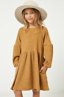 GJ3069 Mustard Girls Ribbed Knit Raglan Mini Dress Front