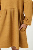 GJ3069 Mustard Girls Ribbed Knit Raglan Mini Dress Detail