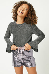 GJ3074 Violet Girls Satin Drawstring Sequin Shorts- Front