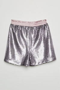 GJ3074 Violet Girls Satin Drawstring Sequin Shorts- Flat Back