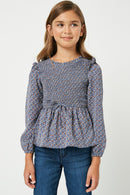 GJ3096 Blue Girls Smocked Ruffled Long Sleeve Blouse Front