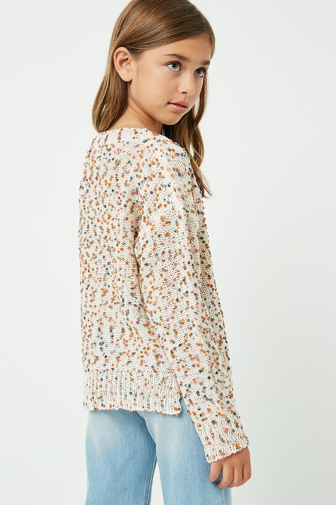 GJ3121 Ivory Girls Textured Confetti Knit Sweater Back