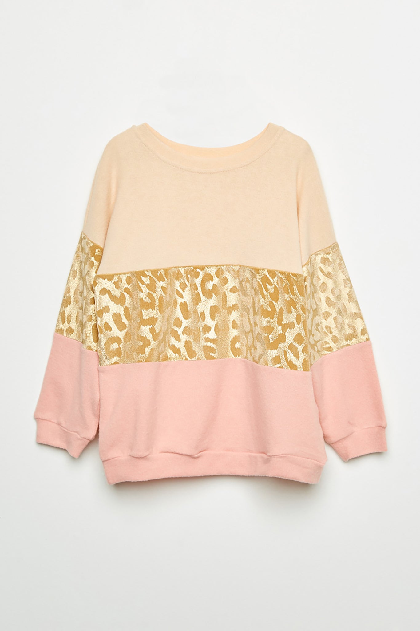 GJ3132 Ivory Girls Long Sleeve Gold Leopard Panel Top Front Flat